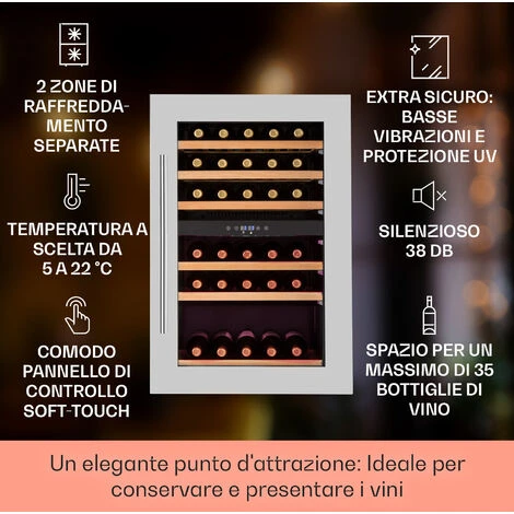 Klarstein Vinsider 35D Cantinetta Frigo A Incasso 128 Litri 41 Bottiglie Di Vino 2 Zone - immagine 2