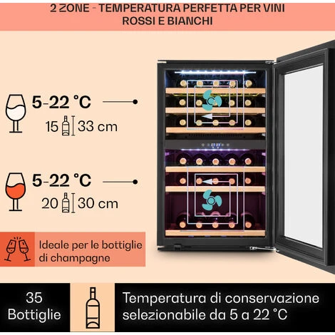 Klarstein Vinsider 35D Cantinetta Frigo A Incasso 128 Litri 41 Bottiglie Di Vino 2 Zone - immagine 3