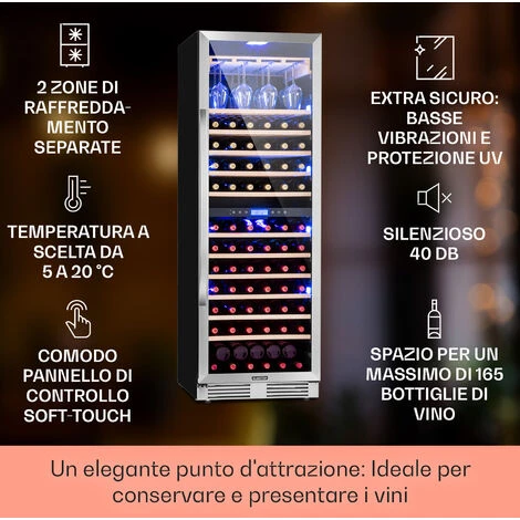 Klarstein Vinovilla Grande 165 Built-in Duo - Frigorifero Per Vini, 425 L, 165 Bottiglie, Luce A 3 Colori, Sportello In Vetro - immagine 2
