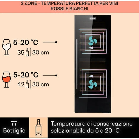 Klarstein Barossa 77 Duo Cantinetta Vino 2 Zone 191 L 77 Fl. Touch LED Nero - immagine 3