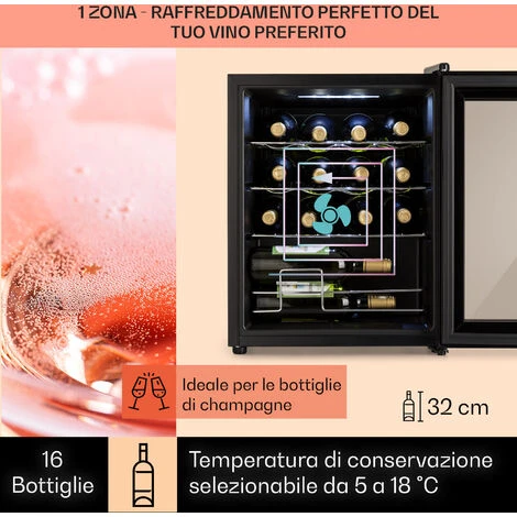 Klarstein Shiraz 16 Uno - Frigorifero Per Vini, 42 L, Pannello Di Controllo Touch, 131 W, 5-18°C - immagine 3