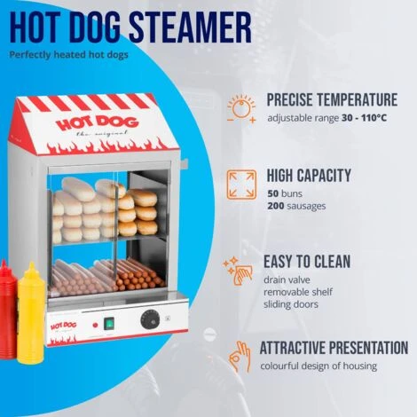Macchina Per Hot Dog A Vapore In Acciao Inox E Vetro Temperato 7 8 L 2000 Watt - immagine 3