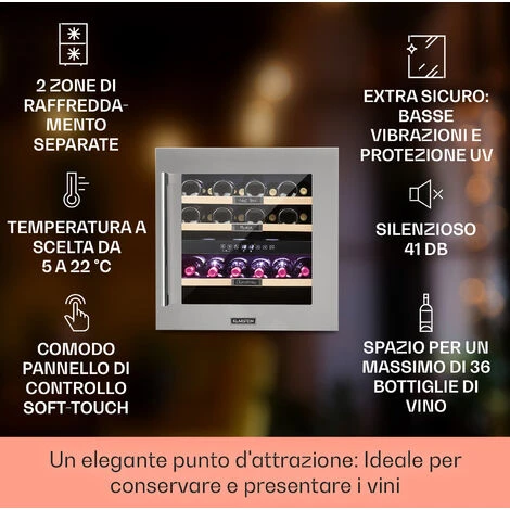 Klarstein Vinsider 36 Frigorifero Per Vini, 2 Zone Di Raffreddamento, 5-22°C, 85l, Acciaio Inossidabile - immagine 2
