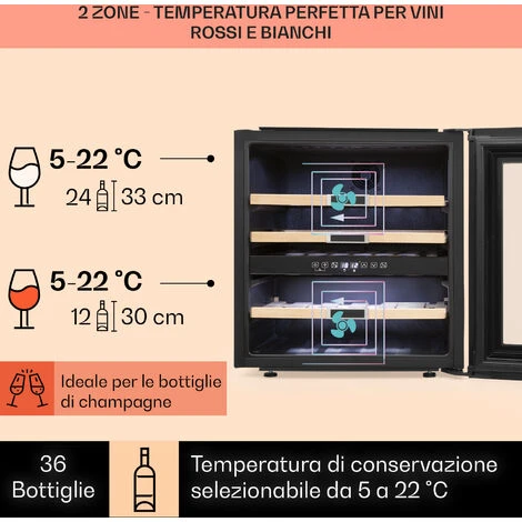 Klarstein Vinsider 36 Frigorifero Per Vini, 2 Zone Di Raffreddamento, 5-22°C, 85l, Acciaio Inossidabile - immagine 3