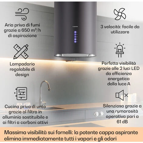 Klarstein Klarstein Beretta Cappa Aspirante A Isola Ø35cm A Ricircolo 650m³/h LED Nero - immagine 2