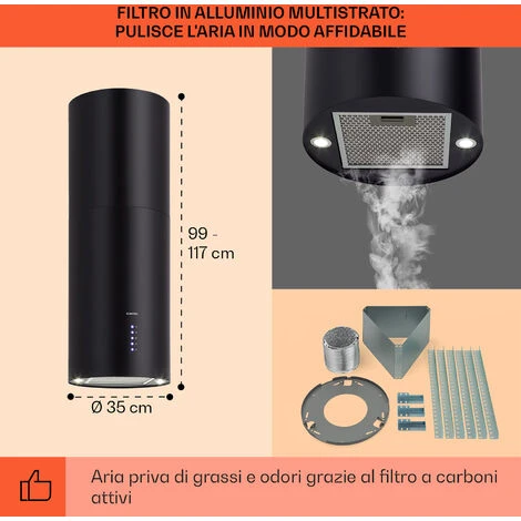 Klarstein Klarstein Beretta Cappa Aspirante A Isola Ø35cm A Ricircolo 650m³/h LED Nero - immagine 5