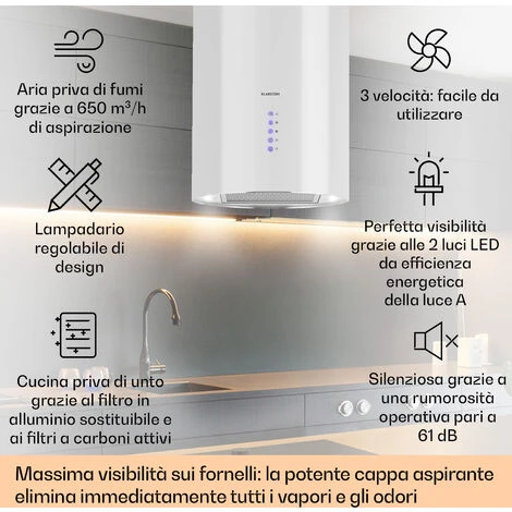 Klarstein Beretta Cappa Aspirante A Isola Ø35cm A Ricircolo 650m³/h LED Bianco - immagine 2