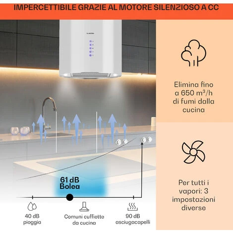 Klarstein Beretta Cappa Aspirante A Isola Ø35cm A Ricircolo 650m³/h LED Bianco - immagine 3