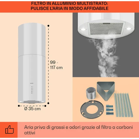 Klarstein Beretta Cappa Aspirante A Isola Ø35cm A Ricircolo 650m³/h LED Bianco - immagine 5