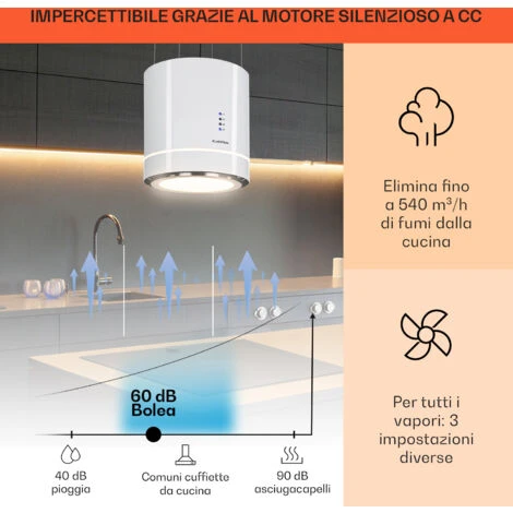 Klarstein Tron Ambience Cappa Aspirante A Isola Ø38cm Ricircolo 540m³/h LED Bianco - immagine 2