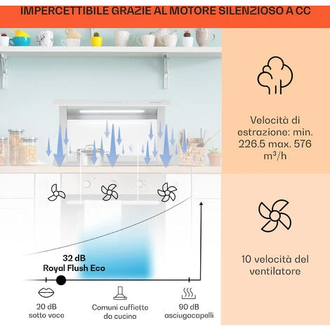 Klarstein Royal Flush Eco Cappa Aspirante, 60 Cm, 576 M³/h, A+ - immagine 3