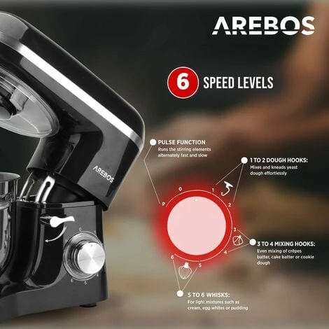 AREBOS Robot Da Cucina 1500W 6L In Acciaio Inox 6 Gradini Silenzioso Nero - immagine 3