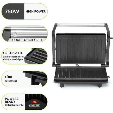 Monzana Grill A Contatto MZ608 Griglia Da Tavolo BPA Free Bistecchiera Tostiera Panini Maker 750W Antiaderente Tostapane - immagine 3