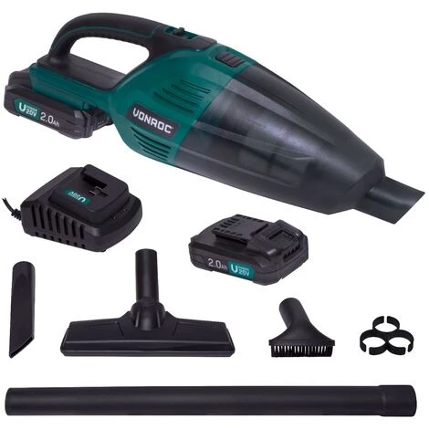 VONROC Potente Aspirabriciole-aspiratore Portatile VPOWER 20V. Include 2 Batterie 2.0Ah, Caricatore, Contenitore Da 0,5 Litri, 3 Ugelli Ed Estensione