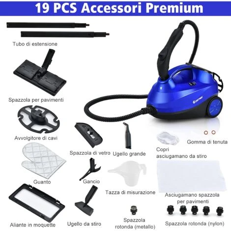 COSTWAY 2000W Pulitore A Vapore Con 19 Accessori E Serbatoio Da 1,5L, Vaporetto Per Tappeti, Per Pulizie Profonde Pavimenti Finestre E Macchine (Blu) - immagine 2