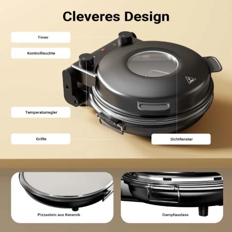 Cuoci Pizza Con Pietra In Ceramica Ø32cm Finestra Trasparente 2 Elementi Riscaldanti Max 400° Timer - immagine 3