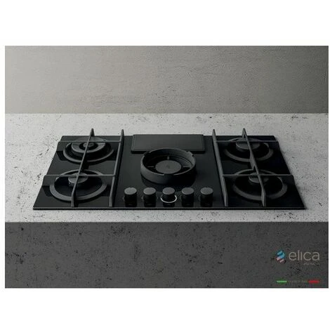 Elica NIKOLATESLA FLAME BL/A/83 Piano Cottura Aspirante A Gas Con Cappa Integrata 4 Fuochi + 1 Ausiliario Vetro Nero + Ghisa PRF0147740 - immagine 5
