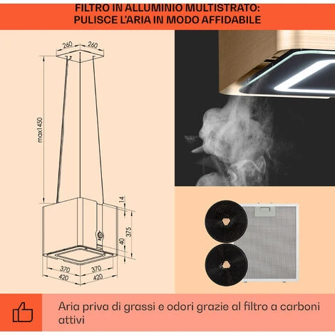 Klarstein Futurelight Smart - Cappa Aspirante A Isola, Ricircolo, 420 M³/h, LED, Acciaio Inox - immagine 5