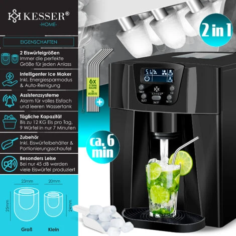 KESSER® Macchina Del Ghiaccio Macchina Per Il Ghiaccio In Acciaio Inox 100W Macchina Per Il Ghiaccio 12 Kg 24 H Cubetti In 2 Dimensioni Preparazione In 6 Min Serbatoio Dell'acqua Da 2 Litri Tim - immagine 2