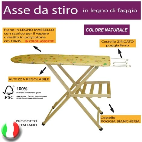 Asse Tavola Da Stiro In Legno Di Faggio Naturale Piano 118X35 Cm Regolabile In 3 Altezze Poggia Ferro In Acciaio E Porta Biancheria Gommini Antiscivolo - immagine 2