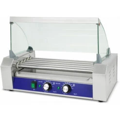 Vertes Macchina Cuoci Hot Dog Maker Salsiccia (5 Rulli, 1000 Watt, Temperatura 50-250°C, 2 Zone Di Riscaldamento, Copertura In Vetro Temprato, Acciaio Inox)