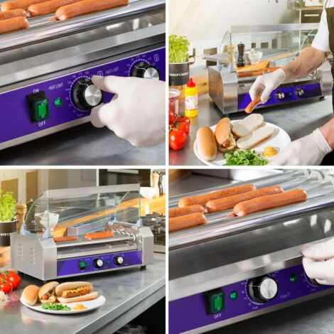 Vertes Macchina Cuoci Hot Dog Maker Salsiccia (5 Rulli, 1000 Watt, Temperatura 50-250°C, 2 Zone Di Riscaldamento, Copertura In Vetro Temprato, Acciaio Inox) - immagine 4