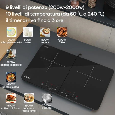 CIARRA Piastra Ad Induzione Portatile Con Doppia Zona Cottura E Controllo Touch - Nero 3500W - immagine 3