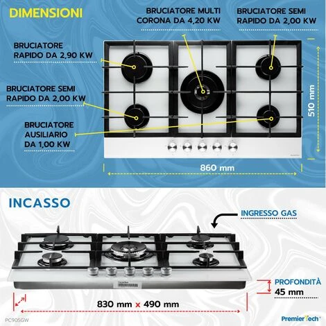 PremierTech PC905GW Piano Cottura A Gas Bianco Da 90cm (86cm) 5 Fuochi In Vetro - immagine 3