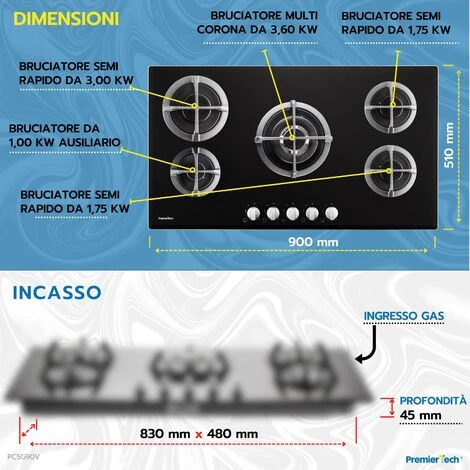 PremierTech PC5G90V Piano Cottura A Gas 5 Fuochi 90cm Vetro Nero - immagine 3