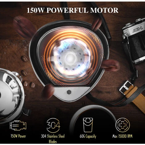 Aigostar Breath 30CFR - Macina Caffè Elettrica A Doppio Contatto Con Lame In Acciaio Inossidabile, Macina Chicchi Di Caffè, Spezie, Frutta A Guscio E Grano Capacità Di 60g, 150 Watt, BPA Free, Nero. - immagine 2