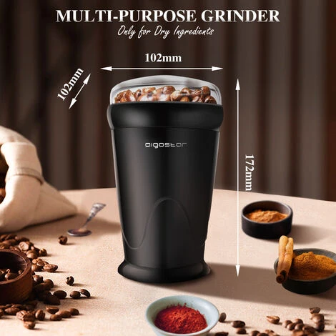 Aigostar Breath 30CFR - Macina Caffè Elettrica A Doppio Contatto Con Lame In Acciaio Inossidabile, Macina Chicchi Di Caffè, Spezie, Frutta A Guscio E Grano Capacità Di 60g, 150 Watt, BPA Free, Nero. - immagine 4