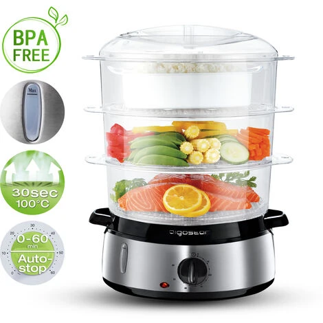 Aigostar Fitfoodie 30INA - Vaporiera Elettrica In Acciaio Inox, Con Timer, 3 Cestini, 800W, BPA Free Fornetti A Vapore Design Esclusivo - immagine 3