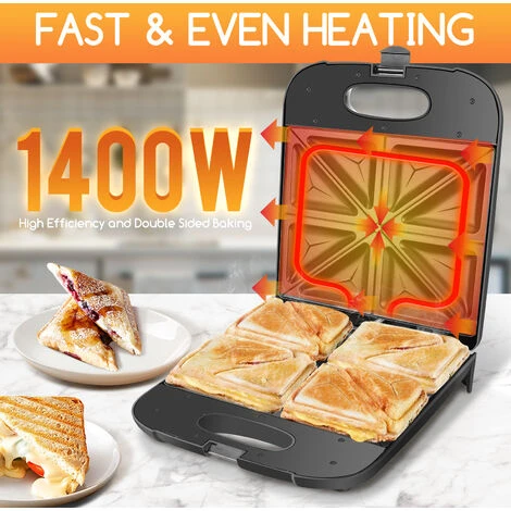 Aigostar Dylan - Sandwich Maker XXL Per 4 Tramezzini, 1400W, Tostapane Con Rivestimento Antiaderente, Riscaldamento Rapido, Temperatura Automatica, Stoccaggio Verticale, Piedini Antiscivolo, BPA FREE - immagine 2