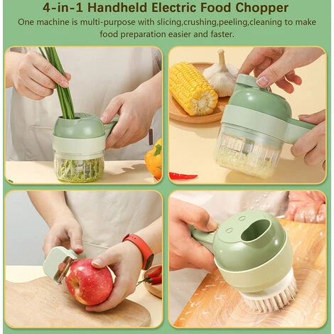 Tritaverdure 4 In 1 Set Tritatutto Elettrico Portatile Set Tagliaverdure Wireless Con Alimentazione USB Per Aglio Peperoncino Cipolla Sedano Zenzero Carne (verde) - immagine 4