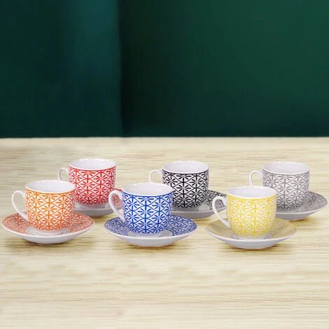 Set 6 Tazzine Da Caffè 90 CC In Porcellana Con Piattini Tazze Motivo Multicolore - immagine 2