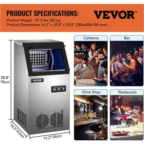 VEVOR Macchina Elettrica In Acciaio Inox ABS Del Ghiaccio 280W Commerciale, Macchina Commerciale Del Ghiaccio A Cubetto Produzione 68kg / 24Ore, Macchina Produttrice Del Ghiaccio Per Bar Ristorante - immagine 2