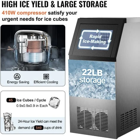 VEVOR Macchina Elettrica In Acciaio Inox ABS Del Ghiaccio 280W Commerciale, Macchina Commerciale Del Ghiaccio A Cubetto Produzione 68kg / 24Ore, Macchina Produttrice Del Ghiaccio Per Bar Ristorante - immagine 4