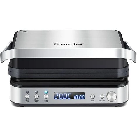 AMZCHEF 4-IN-1 Macchina (Grill Elettrico, Piastra, Piastra Panini, Waffle Maker) - 2000W Grill Elettrico Con 4 Piastre Antiaderenti Intercambiabili -180° Riscaldamento A Doppia Piastra Regolabile