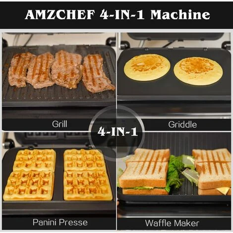 AMZCHEF 4-IN-1 Macchina (Grill Elettrico, Piastra, Piastra Panini, Waffle Maker) - 2000W Grill Elettrico Con 4 Piastre Antiaderenti Intercambiabili -180° Riscaldamento A Doppia Piastra Regolabile - immagine 3