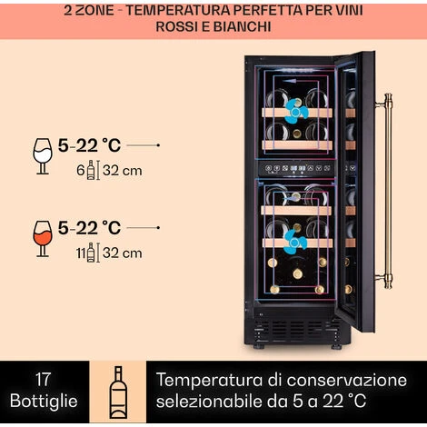 Klarstein Vinovilla 17 Built-In Duo Vilhelmine Edition - Frigorifero Per Vini, 17 Bottiglie, 3 Colori, Sportello In Vetro - immagine 3