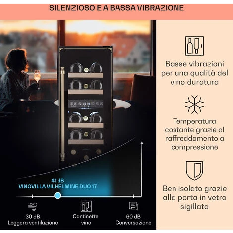Klarstein Vinovilla 17 Built-In Duo Vilhelmine Edition - Frigorifero Per Vini, 17 Bottiglie, 3 Colori, Sportello In Vetro - immagine 4