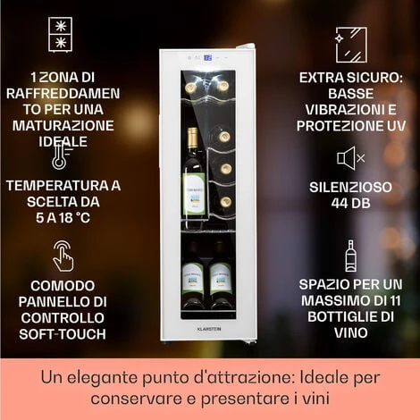 Klarstein Shiraz 12 Slim Uno - Frigorifero Per Vini, 32 L/12 Bottiglie, Touch, 85 W, 5-18 °C, LED - immagine 2